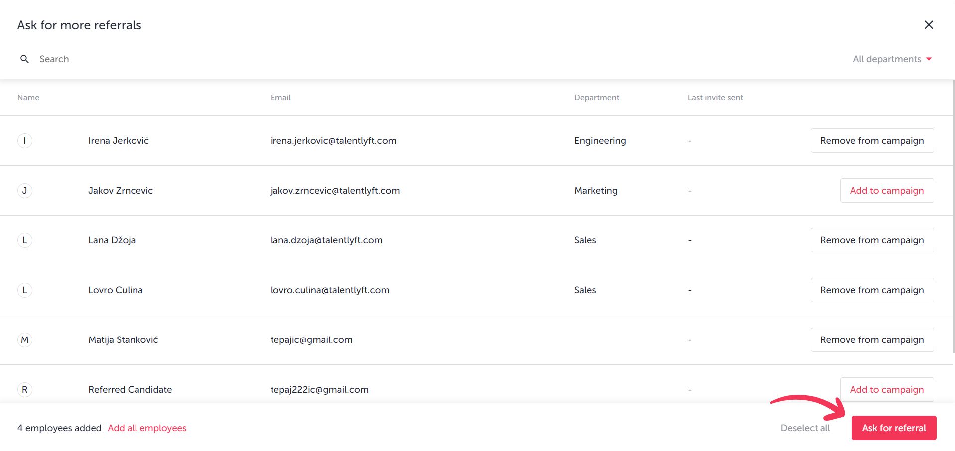 Asking for referrals from employees via TalentLyft