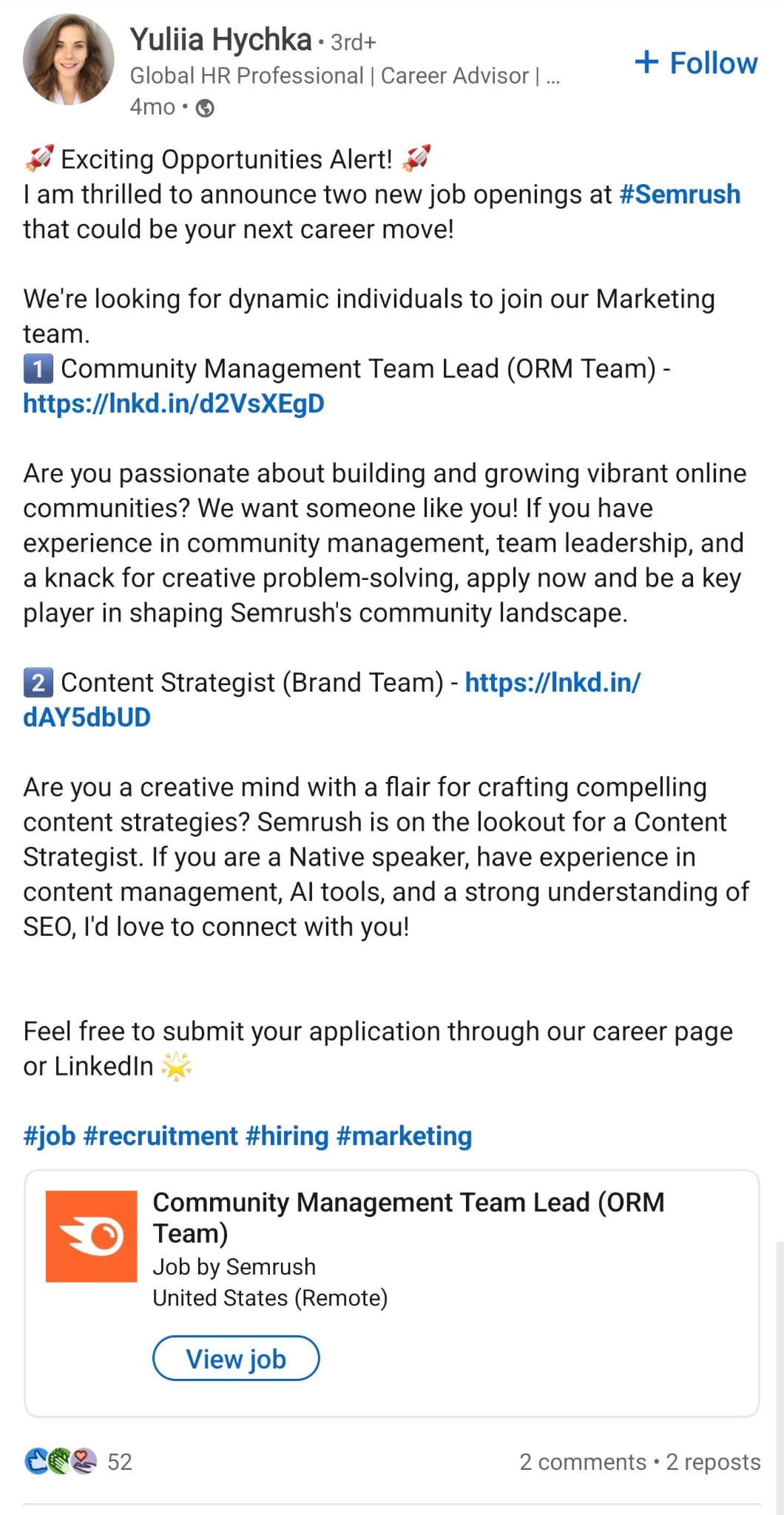 A Semrush employee sharing a job ad