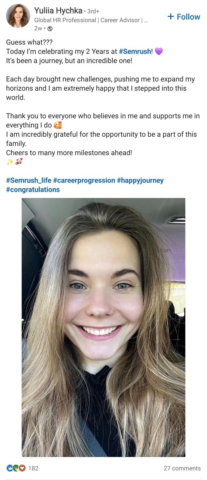 A Semrush employee sharing her positive working experience on Linkedin