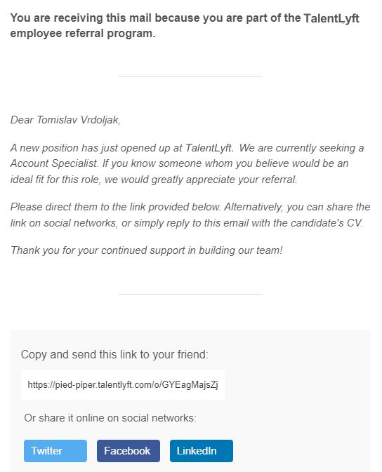Employee referral program email to employee