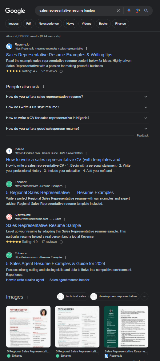 example of using boolean search on Google to look for a sales representative in London