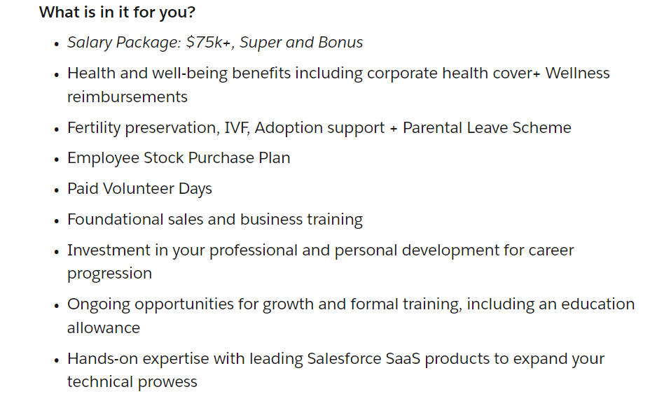 List of compensation, perks and benefits in a job ad