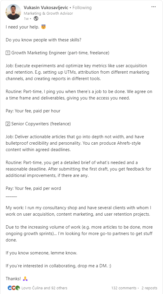 A LinkedIn post from Vukasin Vukosavljevic hiring for growth marketing engineers and senior copywriters