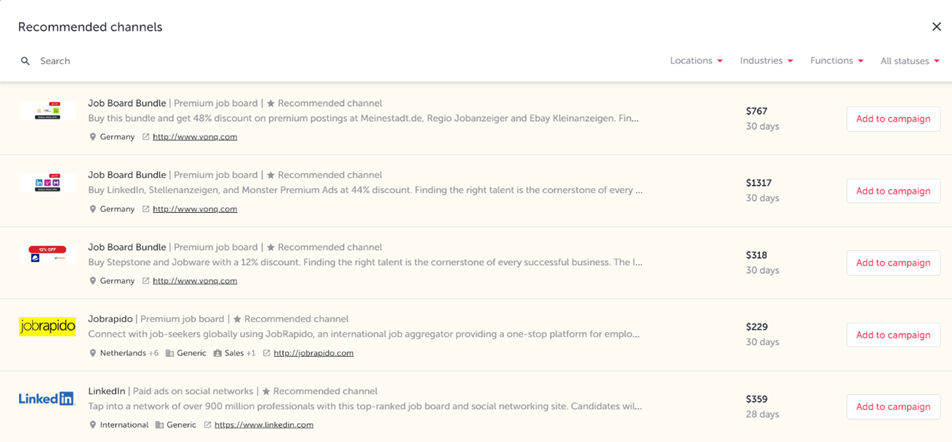 Recommended channels advertising feature in TalentLyft