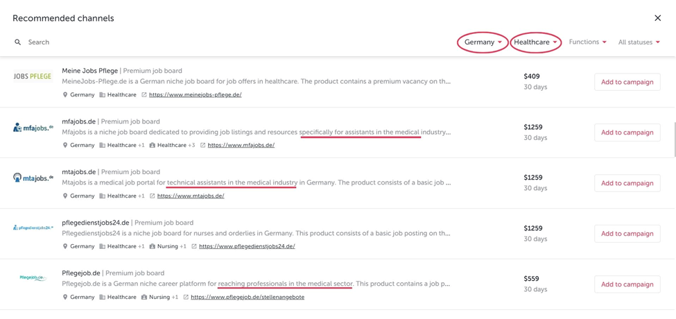 Recommended channels advertising feature in TalentLyft