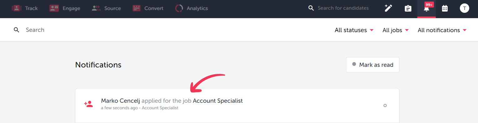 Candidate application notification in TalentLyft