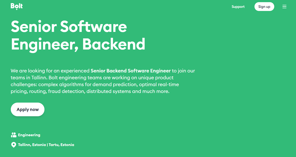 A job ad by Bolt for a senior software engineer in Tallin