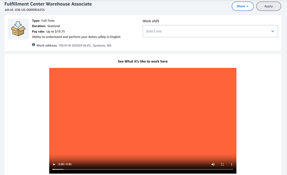 A job ad for a fulfillment center warehouse associate in Amazon